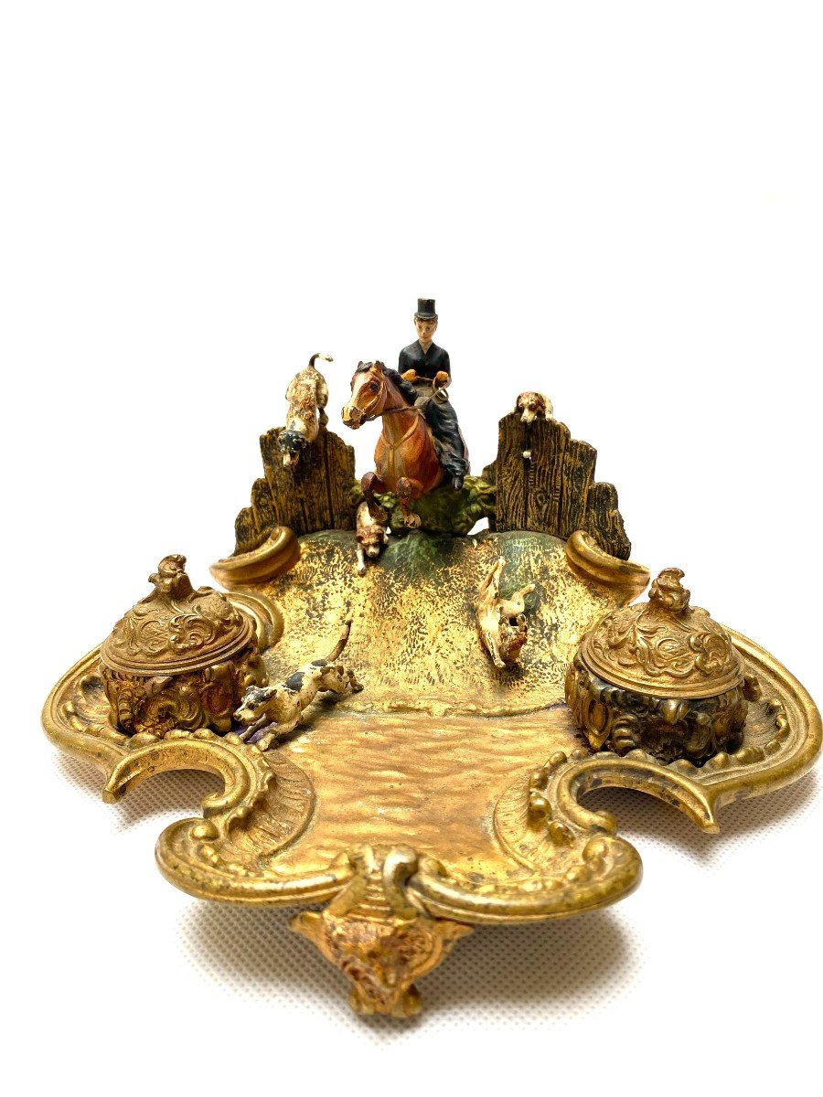 A Rare Late 19th Century Cold Painted Bronze Inkwell And Vide-poche-photo-4