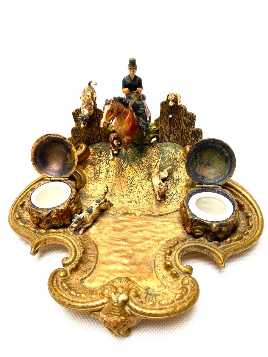 A Rare Late 19th Century Cold Painted Bronze Inkwell And Vide-poche-photo-1