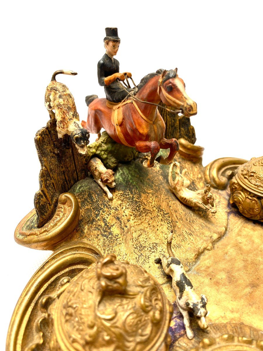 A Rare Late 19th Century Cold Painted Bronze Inkwell And Vide-poche-photo-3