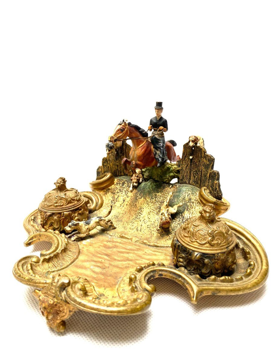 A Rare Late 19th Century Cold Painted Bronze Inkwell And Vide-poche