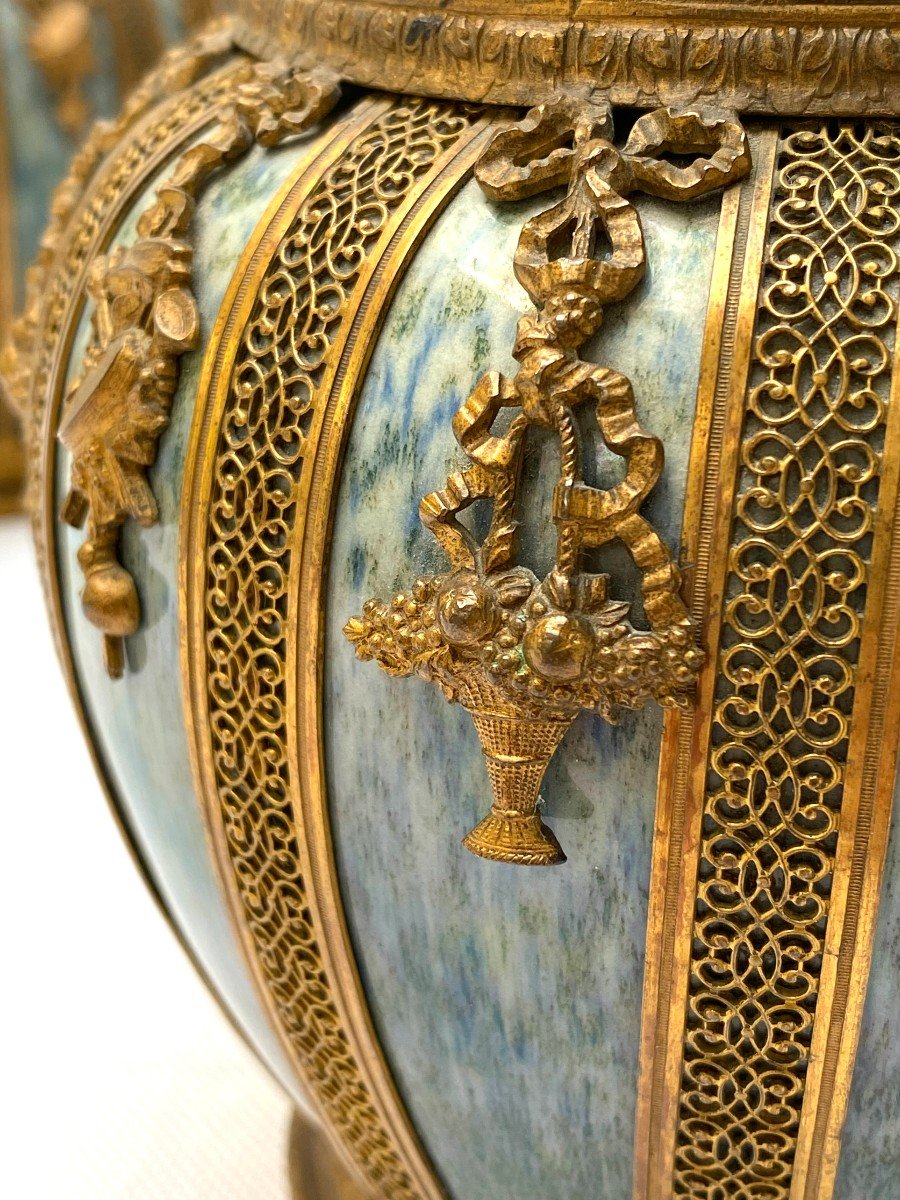 Sèvres, Pair Of 19th Century Gilt Bronze Mounted Earthenware Vases Or Jardinieres-photo-2