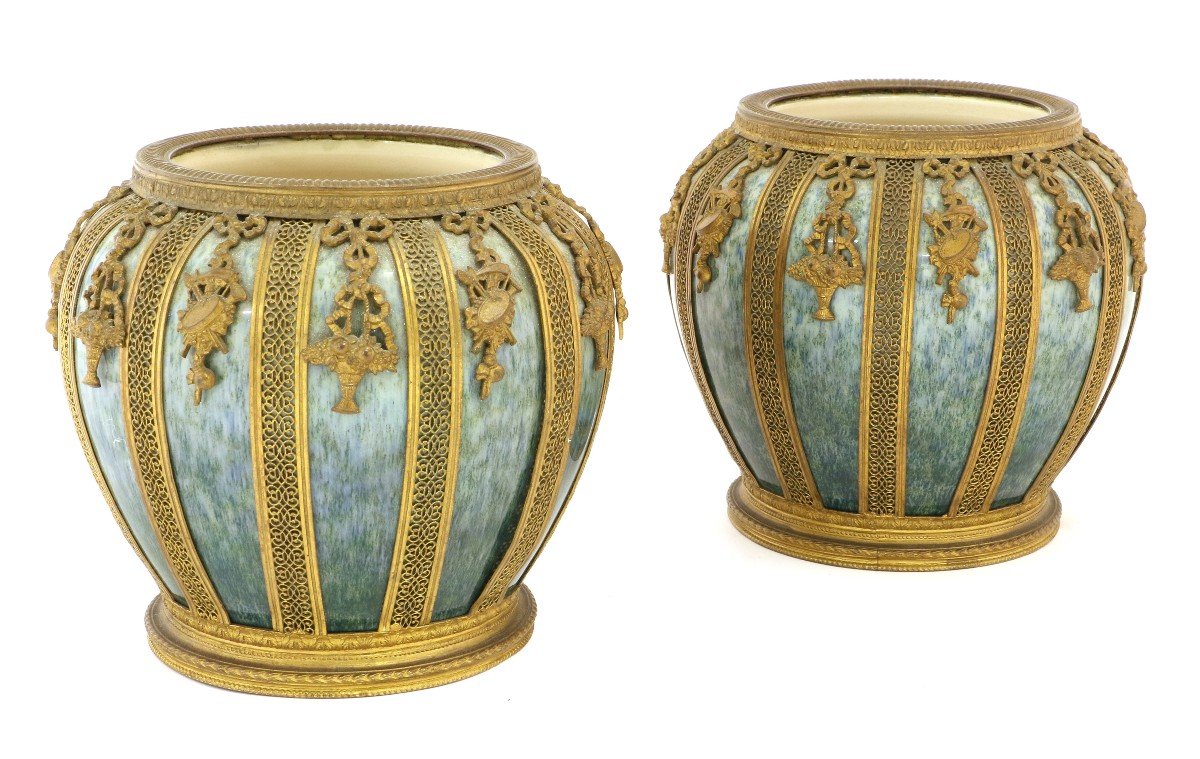 Sèvres, Pair Of 19th Century Gilt Bronze Mounted Earthenware Vases Or Jardinieres-photo-8