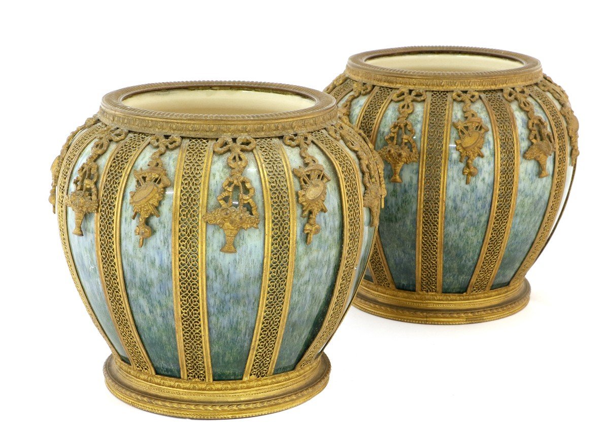 Sèvres, Pair Of 19th Century Gilt Bronze Mounted Earthenware Vases Or Jardinieres
