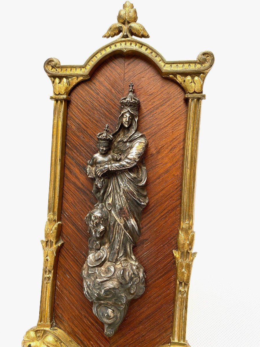 Portable Holy Water Stoup, Silver, Gilt Bronze And Rosewood Representing Our Lady Of Victories-photo-3
