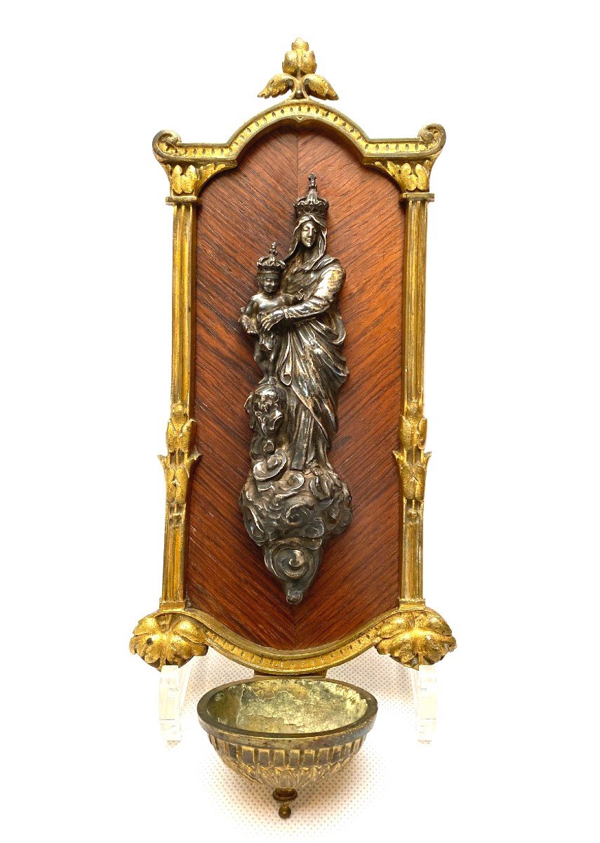 Portable Holy Water Stoup, Silver, Gilt Bronze And Rosewood Representing Our Lady Of Victories