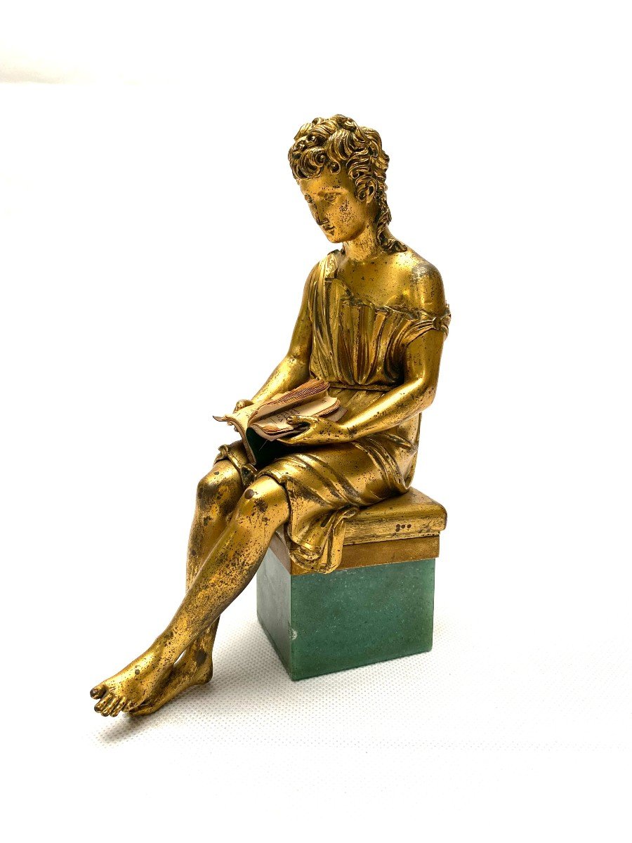 Sculpture 18e  Siècle En Bronze Doré D’une Femme à L’antique Assise Lisant-photo-3