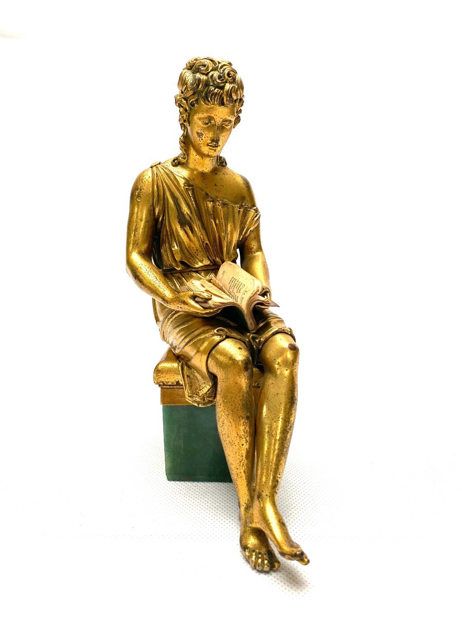Sculpture 18e  Siècle En Bronze Doré D’une Femme à L’antique Assise Lisant-photo-4