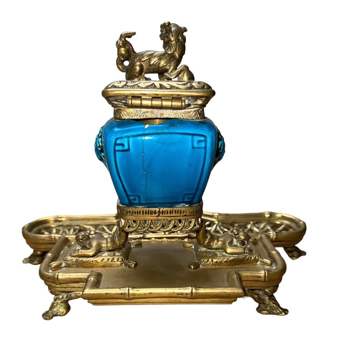 Encrier Chinoiserie 19e En Bronze Doré Et Céramique Bleue Dans Le Goût De L’escalier De Cristal-photo-8