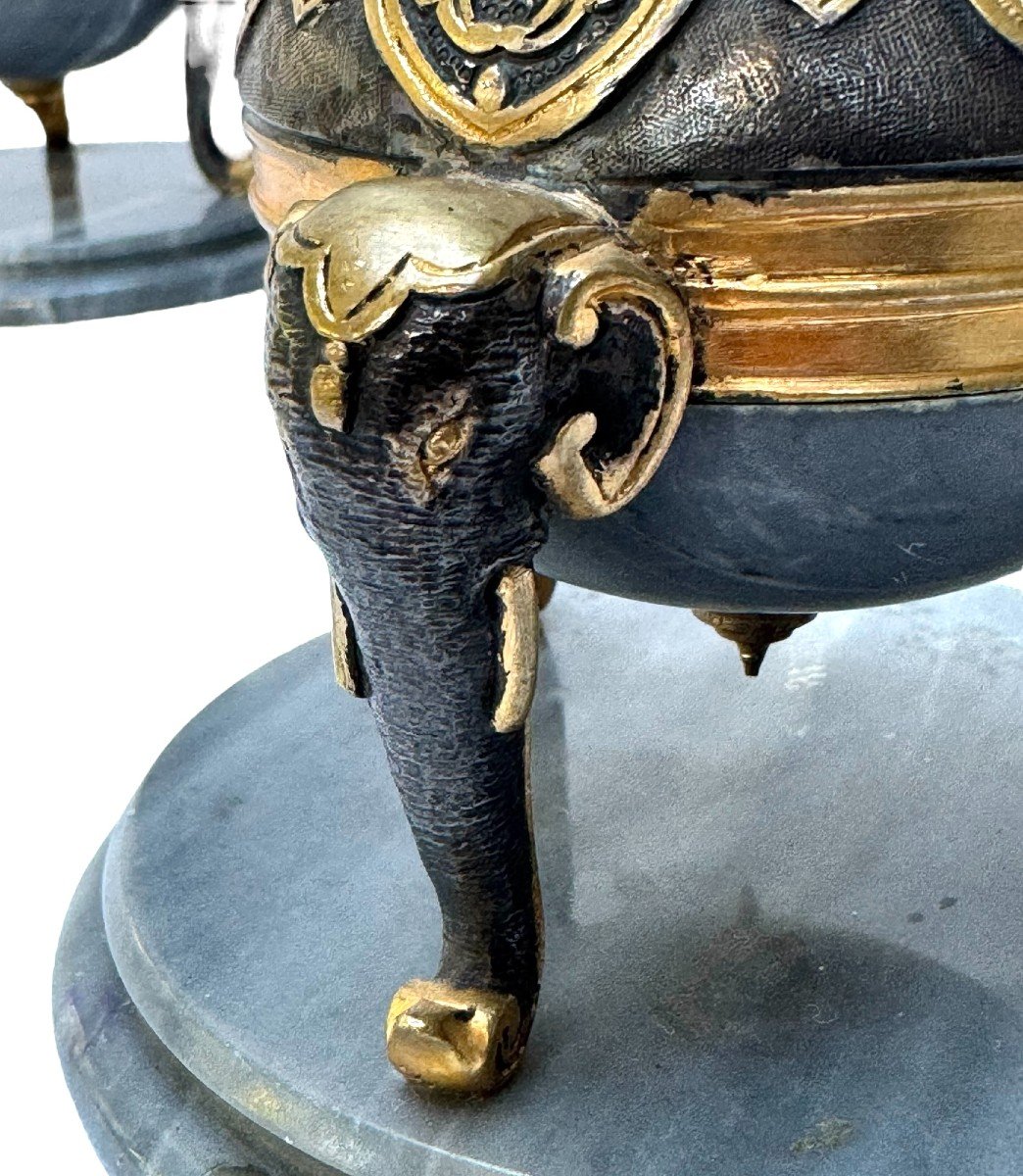 Pair Of Orientalist Candlesticks, Barbedienne, France, Late 19th Century, In Blue Turquin Marble And Bronze-photo-3