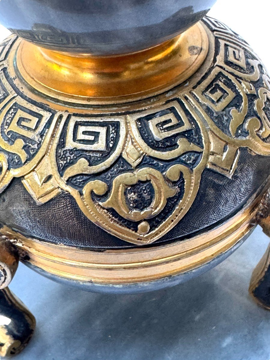 Pair Of Orientalist Candlesticks, Barbedienne, France, Late 19th Century, In Blue Turquin Marble And Bronze-photo-4