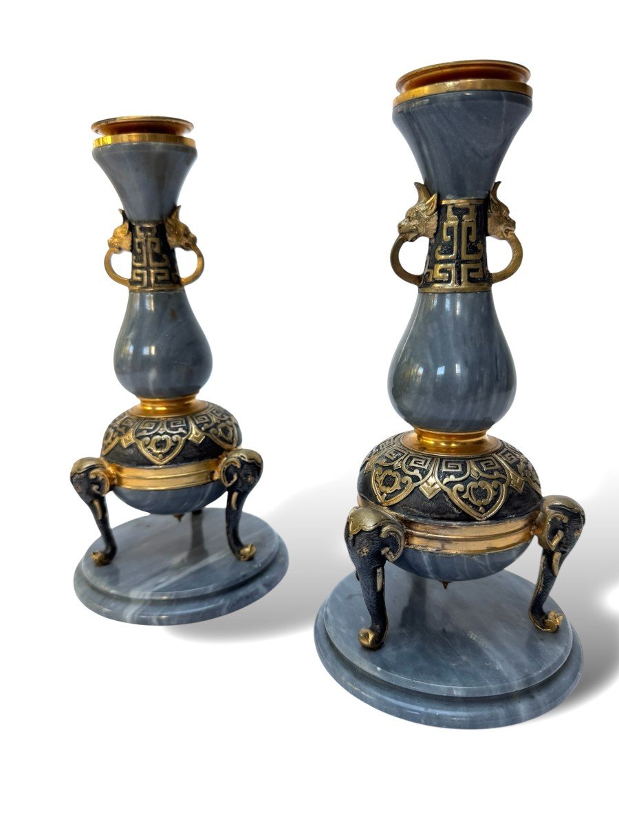 Pair Of Orientalist Candlesticks, Barbedienne, France, Late 19th Century, In Blue Turquin Marble And Bronze-photo-4