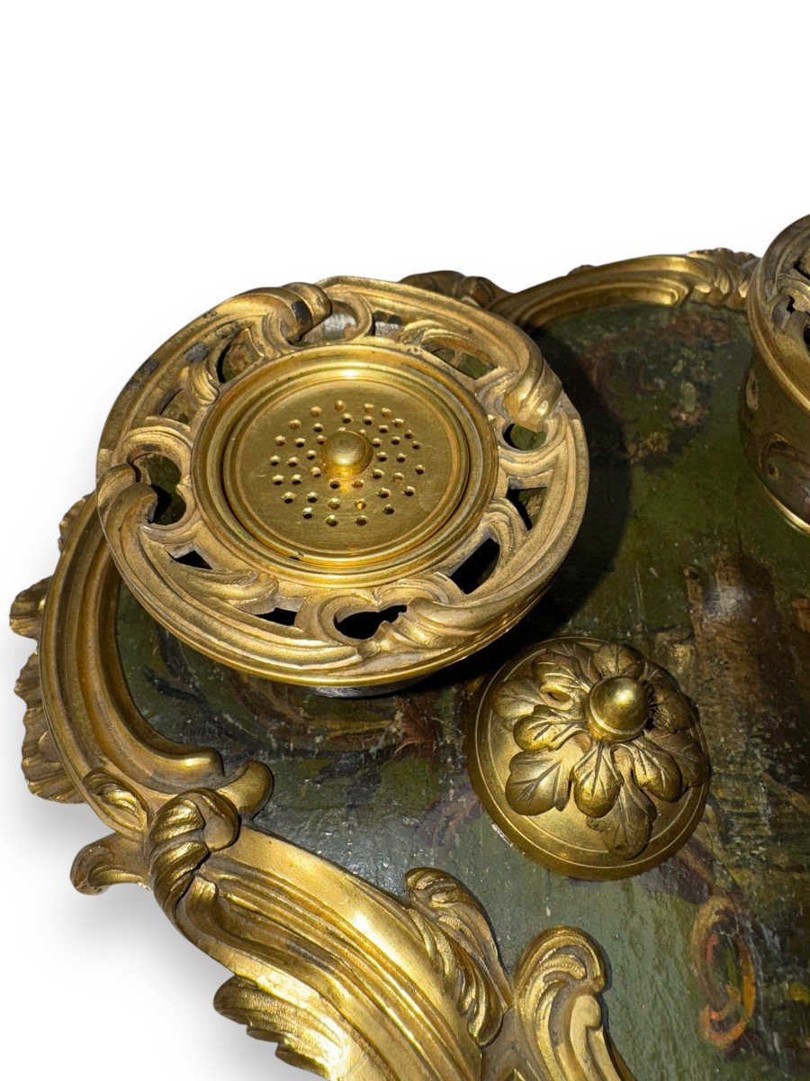 Encrier Louis XV En Bronze Doré Et Laque En Vernis Martin-photo-4