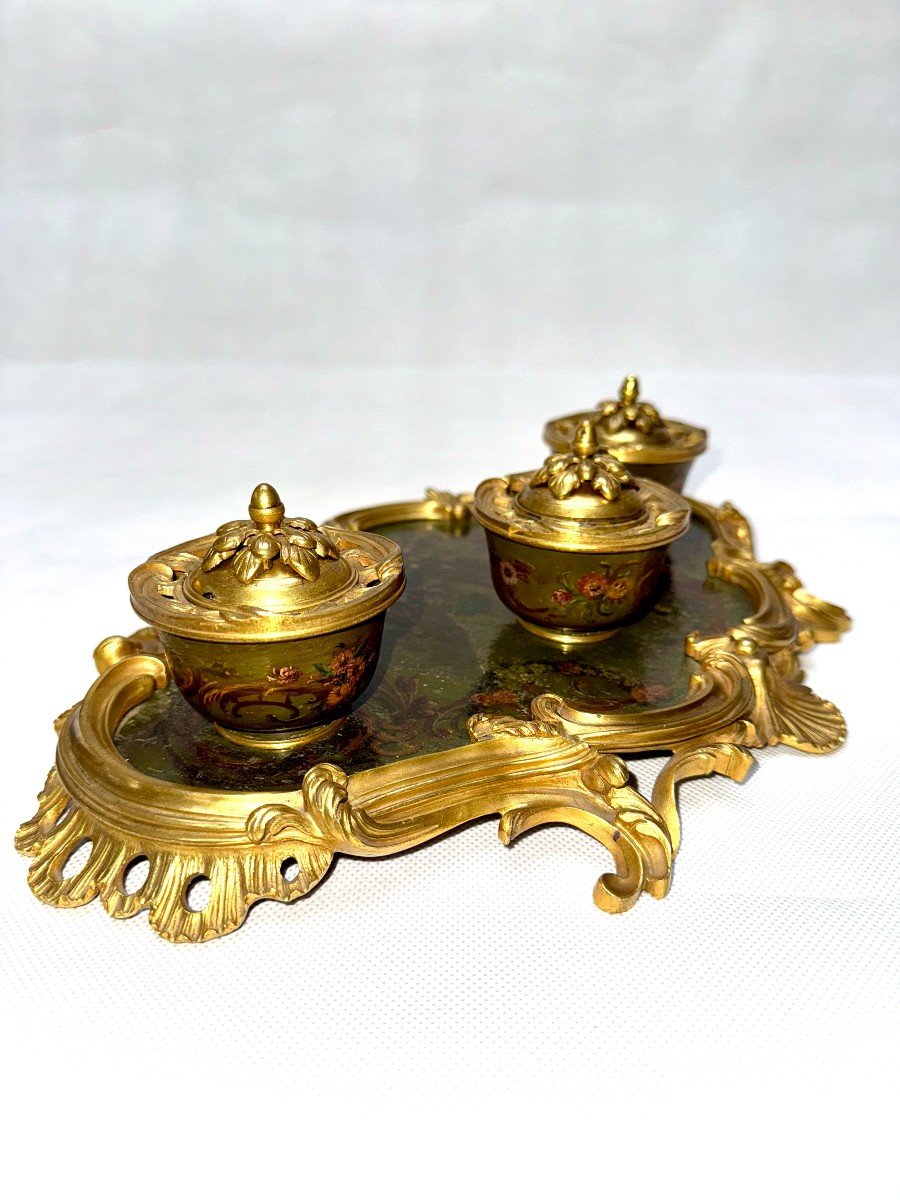 Encrier Louis XV En Bronze Doré Et Laque En Vernis Martin-photo-6