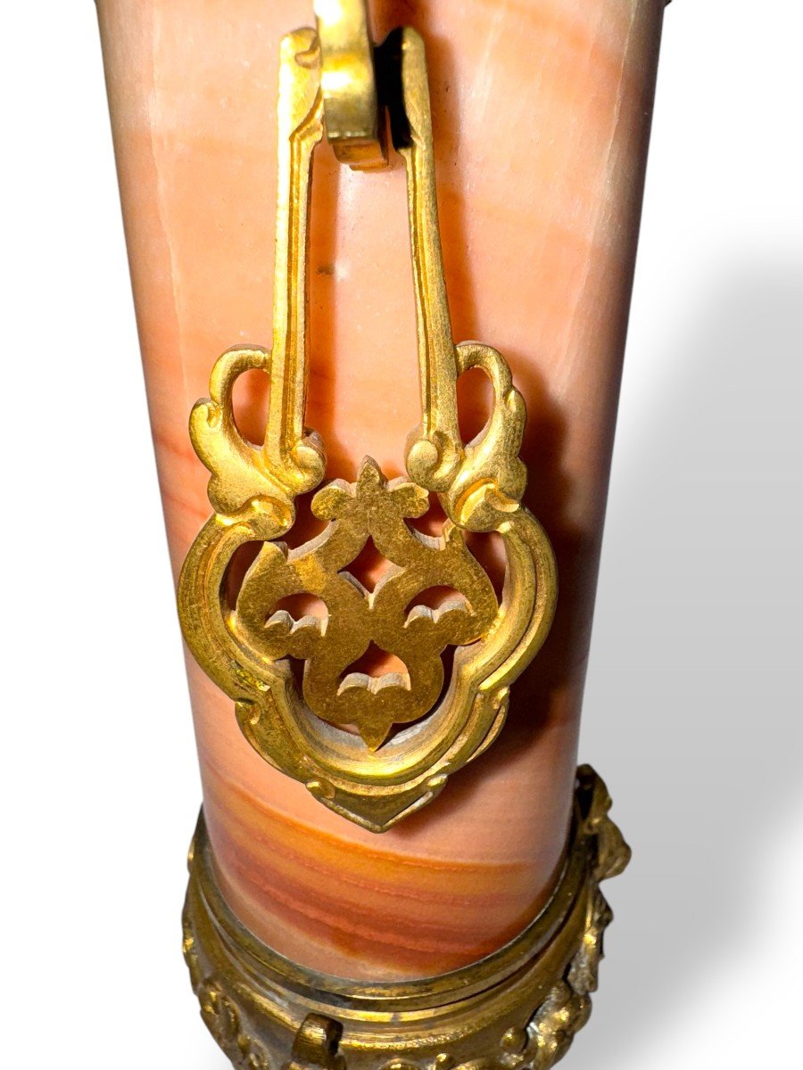 Pair Of 19th Century French Orientalist Gilt Bronze Mounted Pink / Rose  Alabaster Vases-photo-2