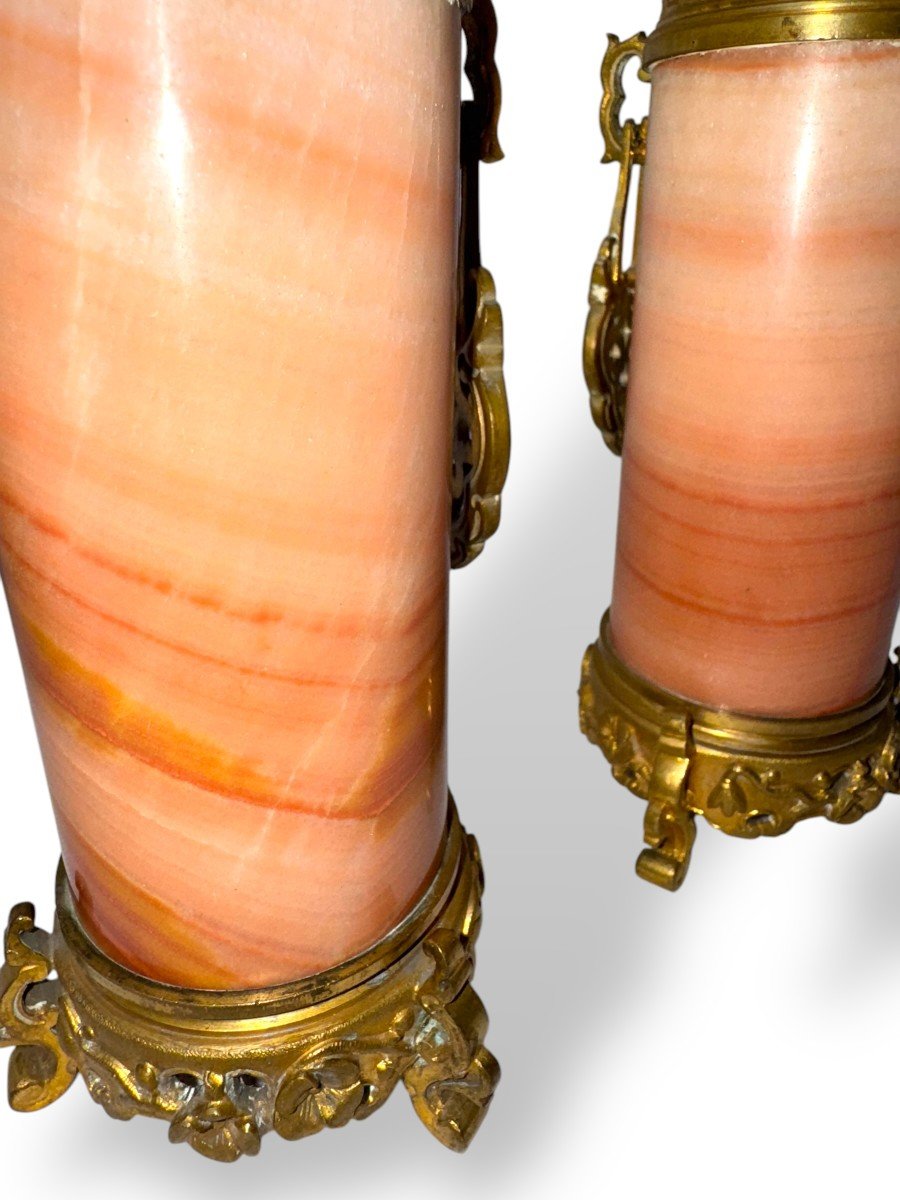 Pair Of 19th Century French Orientalist Gilt Bronze Mounted Pink / Rose  Alabaster Vases-photo-2