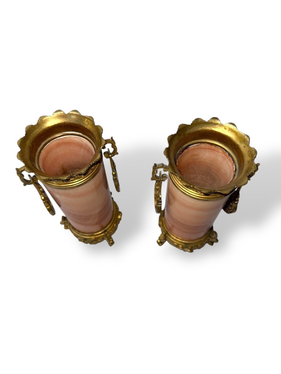 Pair Of 19th Century French Orientalist Gilt Bronze Mounted Pink / Rose  Alabaster Vases-photo-4