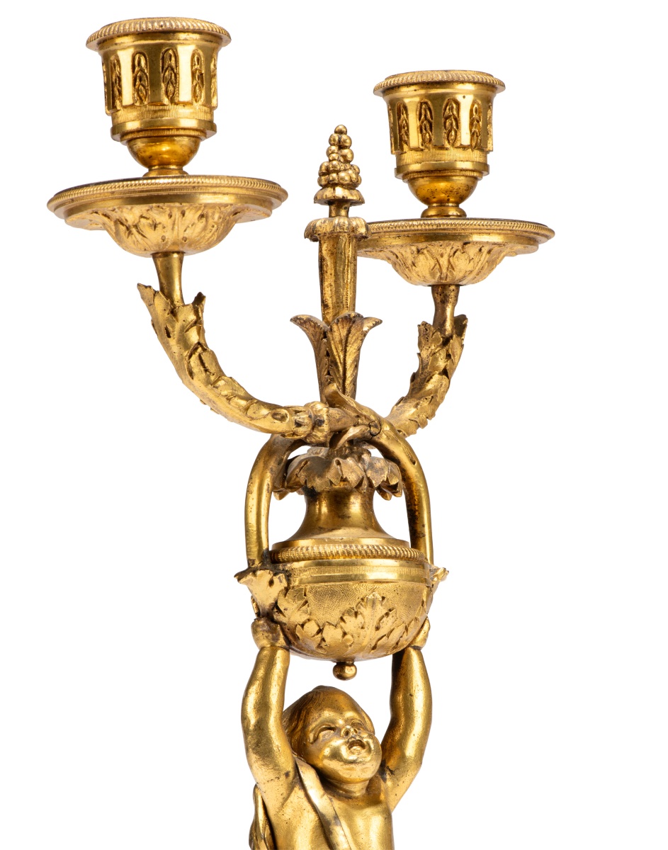 Pair Of “cherub” Candelabras, France, Late 18th Century, In Gilt Bronze And White Marble-photo-3
