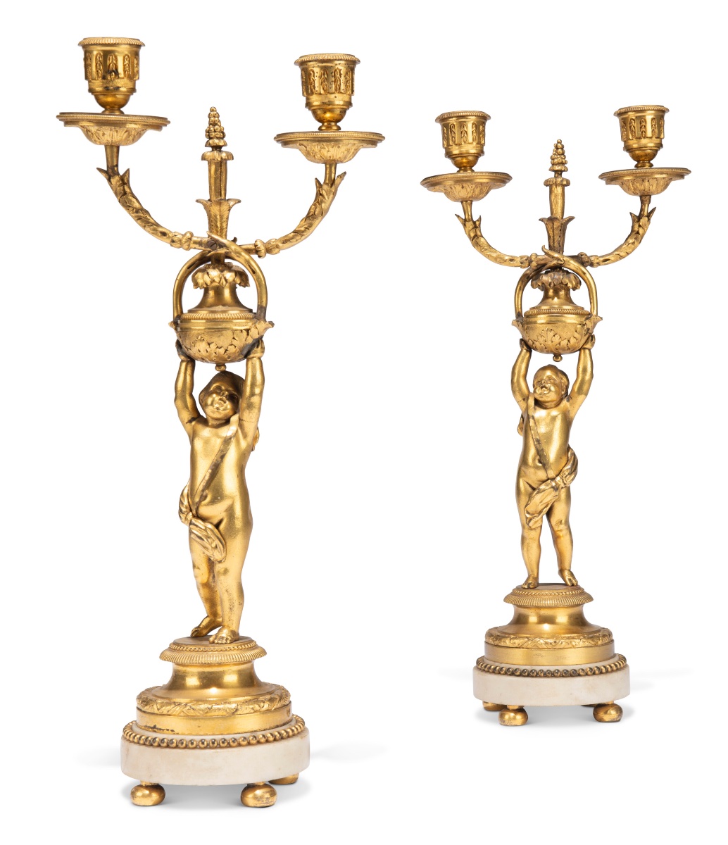 Pair Of “cherub” Candelabras, France, Late 18th Century, In Gilt Bronze And White Marble-photo-2