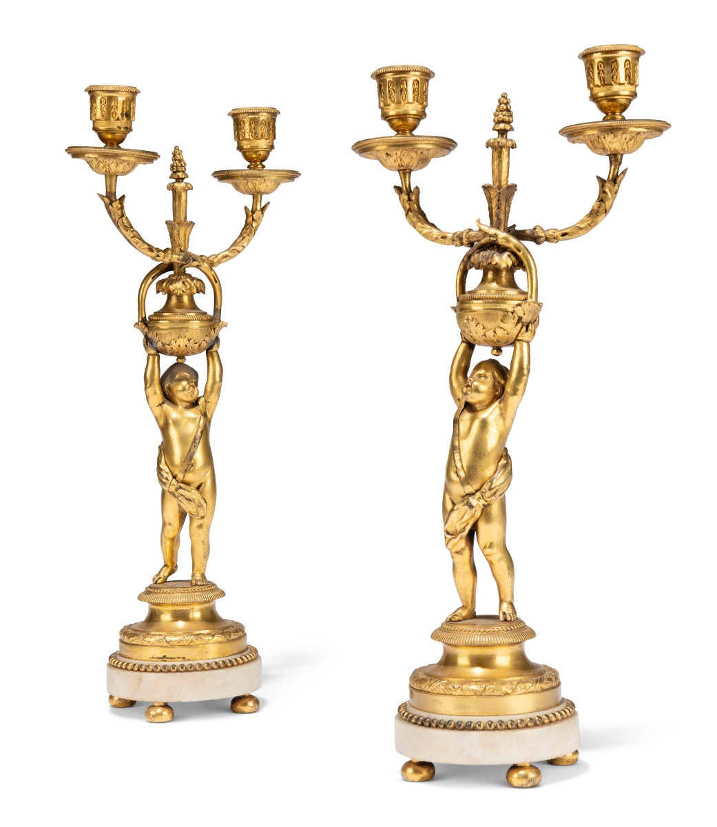 Pair Of “cherub” Candelabras, France, Late 18th Century, In Gilt Bronze And White Marble