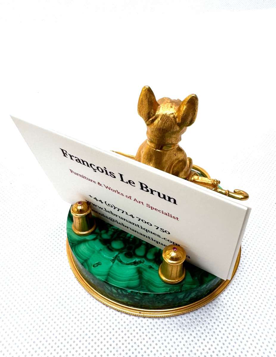 Russia 19th Century, Business Card Holder Representing A Dog In Gilt-bronze On A Malachite Base-photo-3