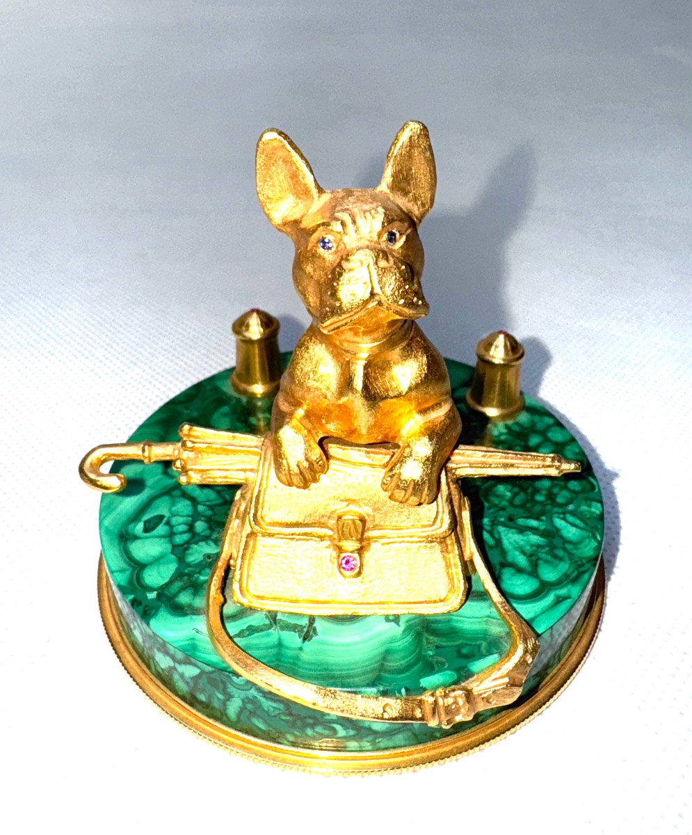 Russia 19th Century, Business Card Holder Representing A Dog In Gilt-bronze On A Malachite Base-photo-4