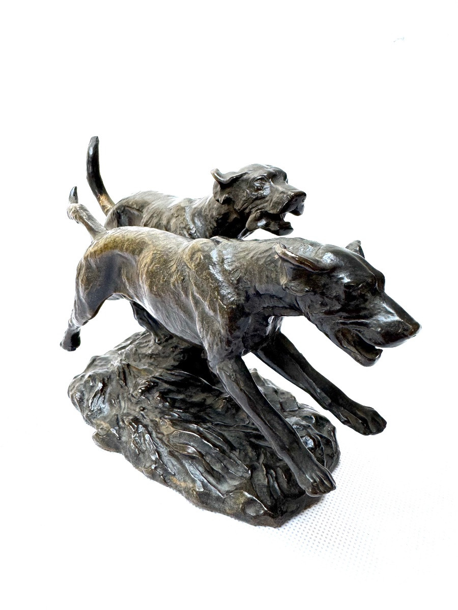Georges-Louis-Charles Busson (1859-1933) Sculpture en bronze de deux chiens courants-photo-3