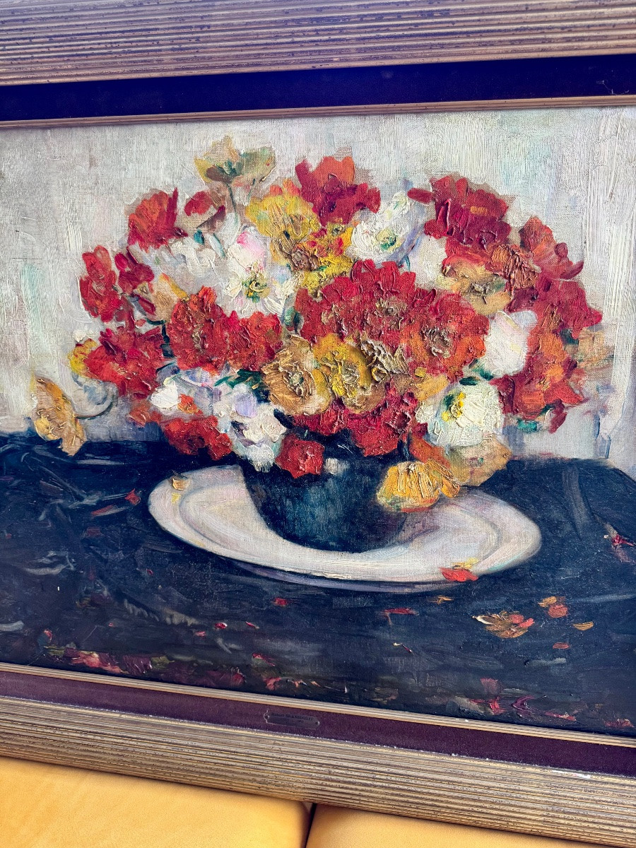 Hubert Glansdorff (1877-1963). Oil On Canvas. Bouquet Of Yellow, Orange And White Anemones-photo-2