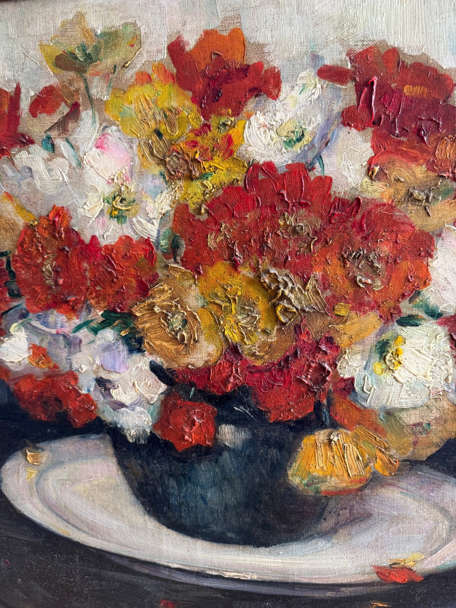 Hubert Glansdorff (1877-1963). Oil On Canvas. Bouquet Of Yellow, Orange And White Anemones-photo-3