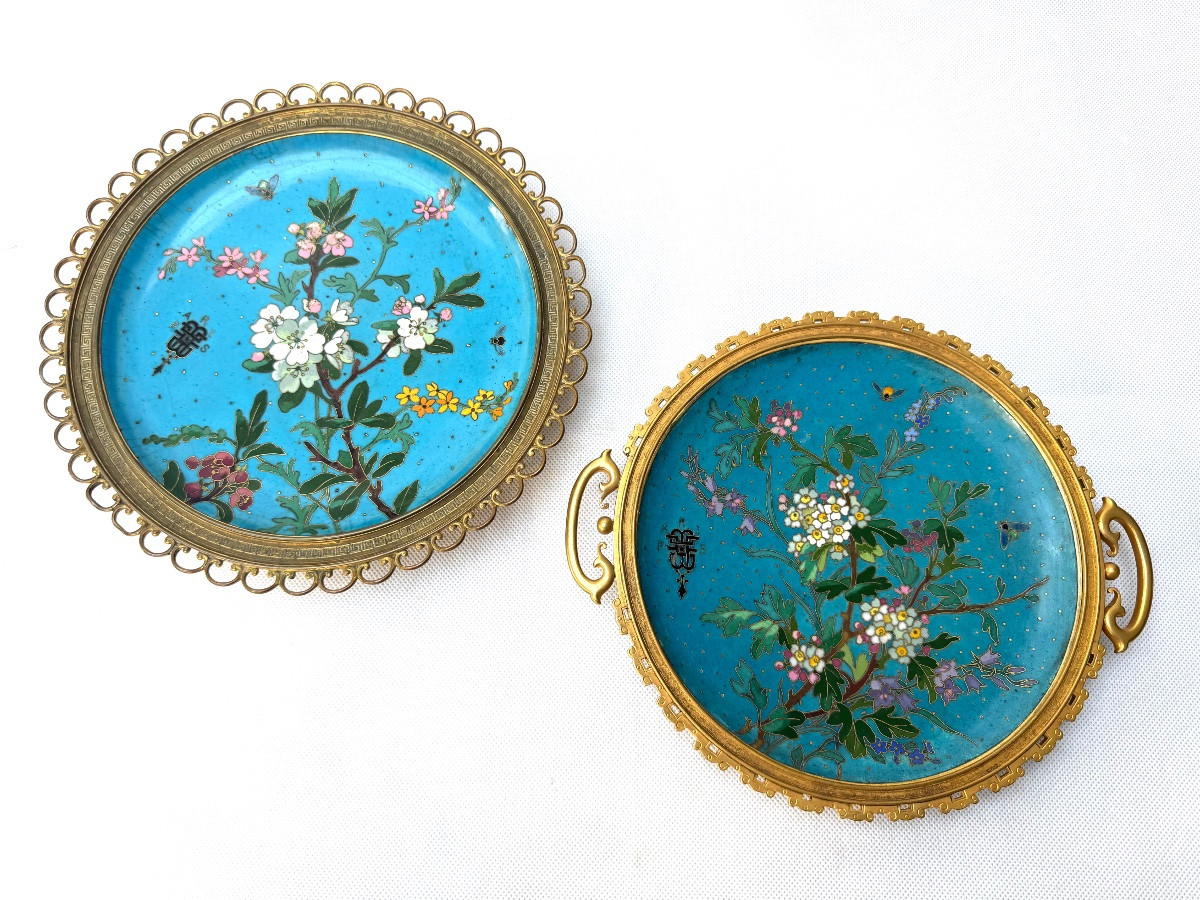Andre-fernand Thesmar And Barbedienne, Two Gilt Bronze And Cloisonné Enamel Dishes, Circa 1880-photo-2