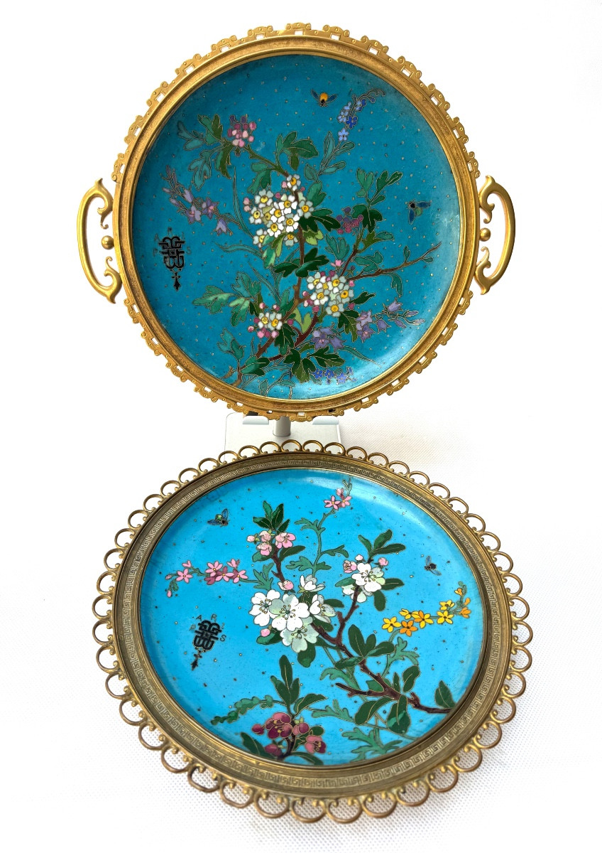 Andre-fernand Thesmar And Barbedienne, Two Gilt Bronze And Cloisonné Enamel Dishes, Circa 1880