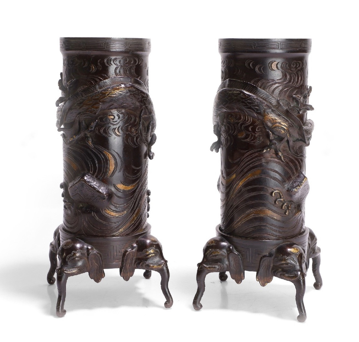 Pair Of Bronze Vases With Dragons And Turtles, Japan Meiji Period (1868-1912). -photo-2
