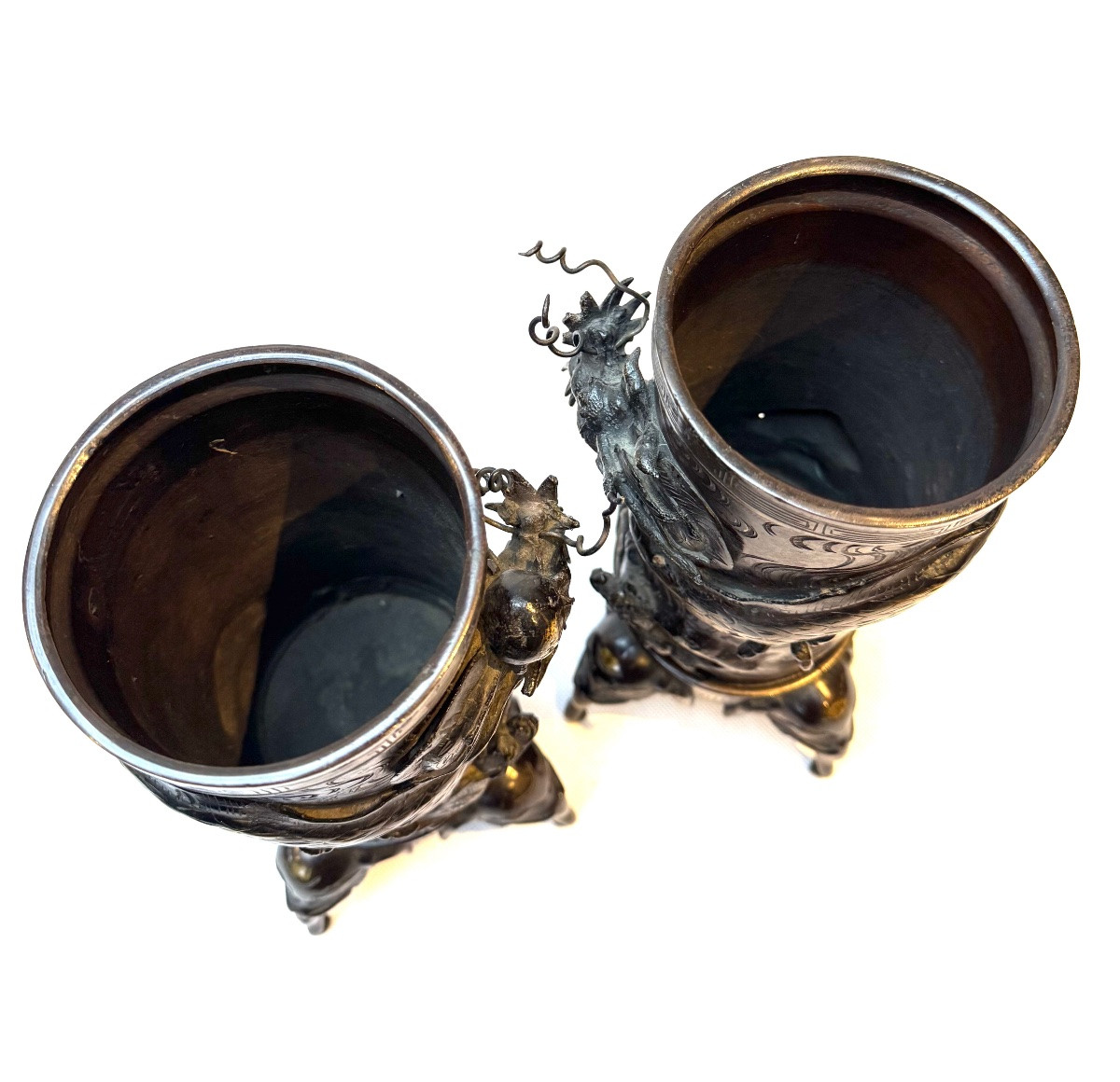 Pair Of Bronze Vases With Dragons And Turtles, Japan Meiji Period (1868-1912). -photo-4