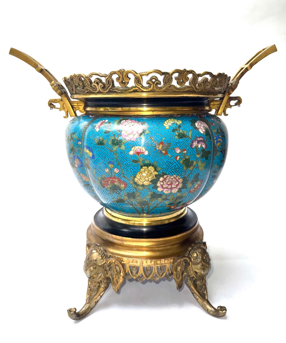 Jardinière 19eme siècle en Émail Cloisonné et Bronze Doré 
