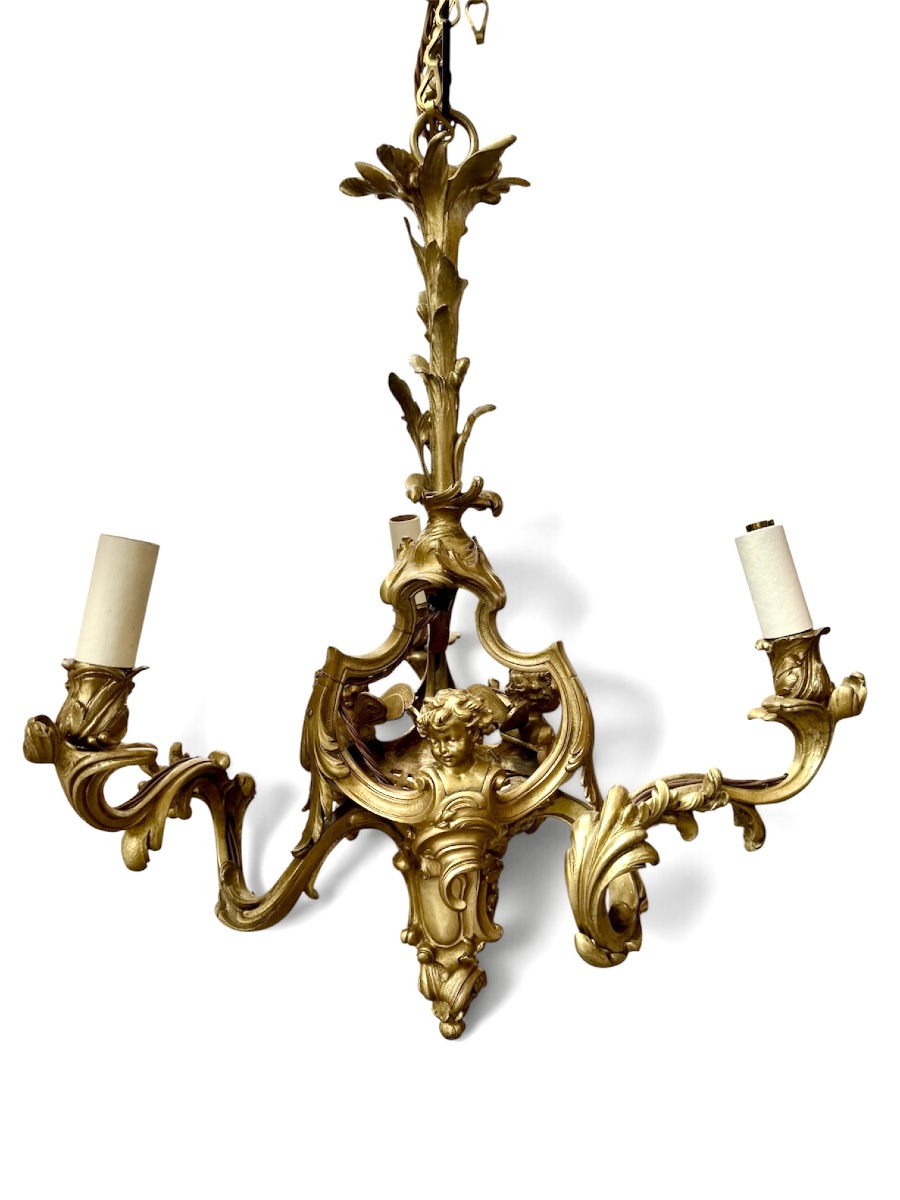 Small, Late 19th-century Gilded Bronze Chandelier With Three Lights, Attributed To François Linke-photo-4