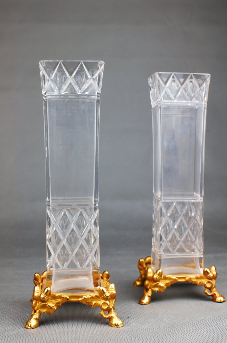 Pair Of Crystal And Gilt Bronze Vases By Baccarat, Paris-photo-3