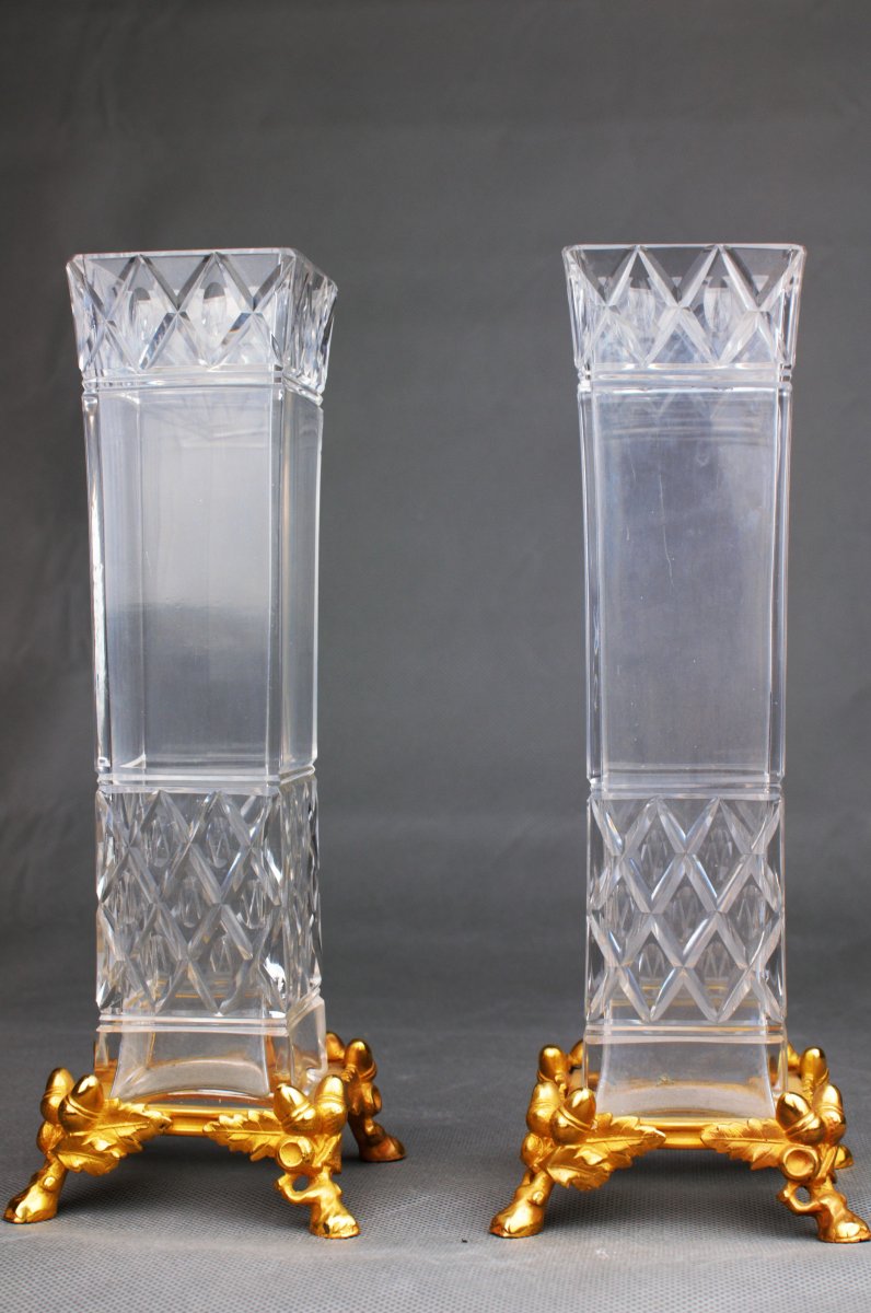 Pair Of Crystal And Gilt Bronze Vases By Baccarat, Paris