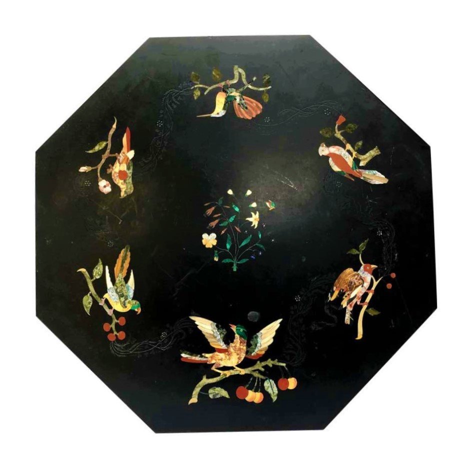 English Mid-19th Century Octagonal Black Marble, Hard Stones And Pietre Dure Inlaid Table Top