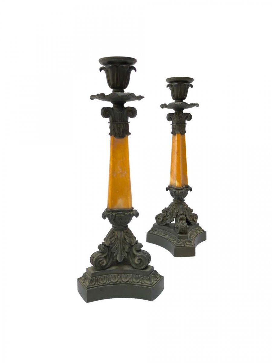 Four 19th Century Patinated Bronze And Yellow Sienna Marble Candlesticks By Denière, Paris-photo-2