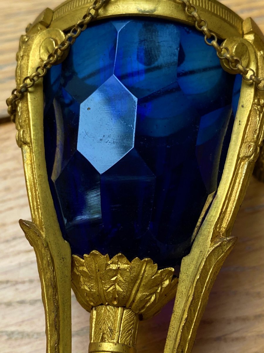 Paire de cassolettes 19eme en verre bleu taillé et bronze doré pouvant former bougeoirs-photo-3