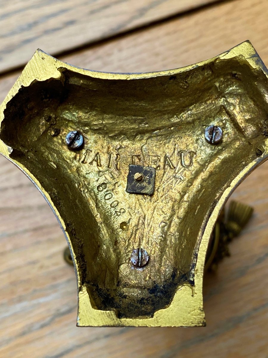Paire de cassolettes 19eme en verre bleu taillé et bronze doré pouvant former bougeoirs-photo-4
