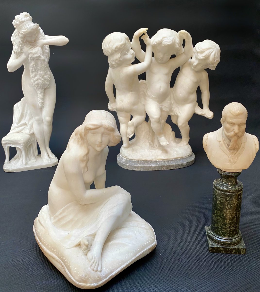 Pugi (Italie, 1850-1915), groupe d'enfants en albâtre-photo-3