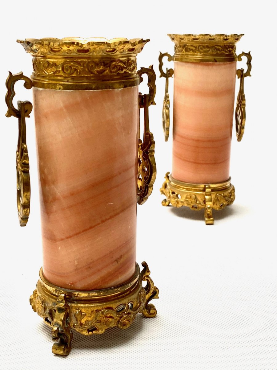 Paire De Vases En Onyx Et Bronze Doré Du XIXe Siècle-photo-2