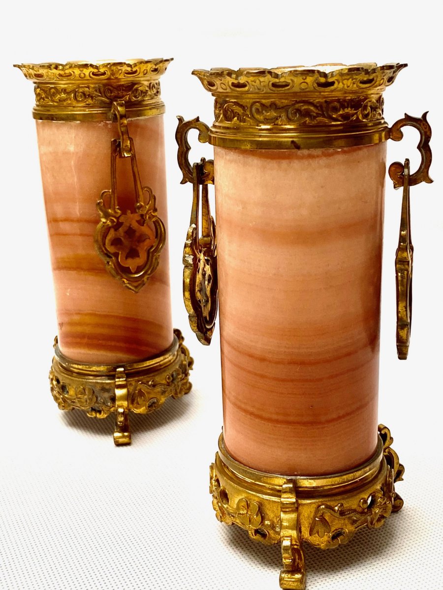 Pair Of French 19th Century Gilt-bronze Mounted Onyx Vases Attributed To G. Viot-photo-2