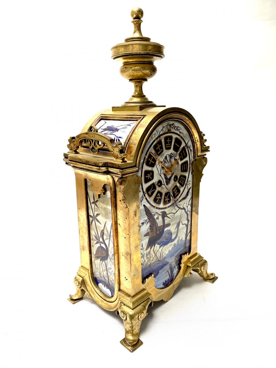 French 19th Century "japonisme" Clock In Bronze And Porcelain, Circa 1880-photo-3
