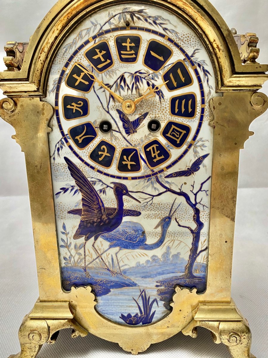 French 19th Century "japonisme" Clock In Bronze And Porcelain, Circa 1880-photo-4