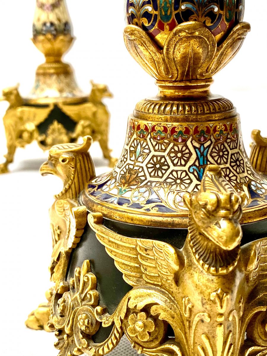 Pair Of French 19th C Gilt-bronze And Cloisonné Enamel Candelabras Attributed To Barbedienne-photo-2