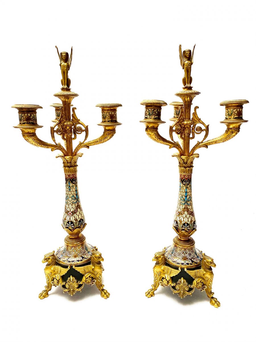 Pair Of French 19th C Gilt-bronze And Cloisonné Enamel Candelabras Attributed To Barbedienne-photo-1