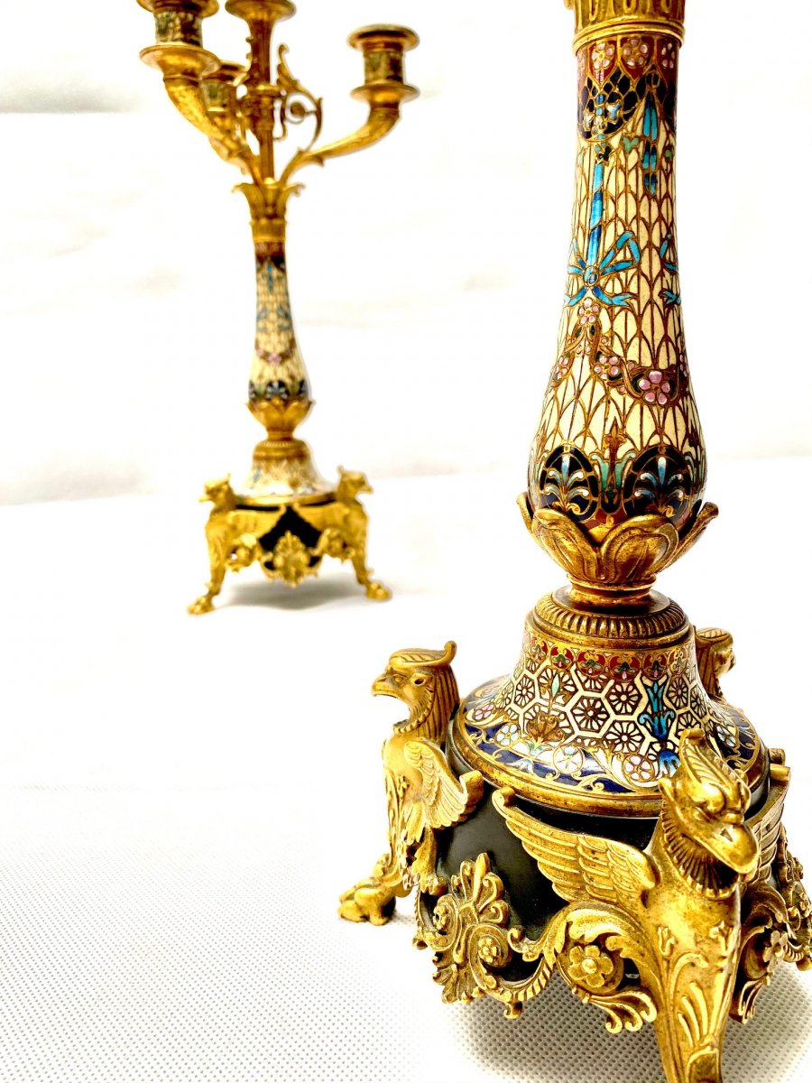 Pair Of French 19th C Gilt-bronze And Cloisonné Enamel Candelabras Attributed To Barbedienne-photo-2