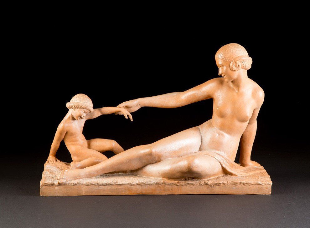 Marcel-André Bouraine (France, 1886 – 1948), terre cuite "mère et enfant"