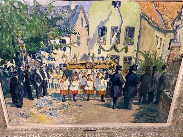 Richard Bloos (1878-1957) Huile sur toile  "Célébration de la Fête du Saint-Sacrement"-photo-2